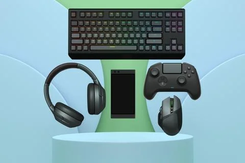 Gaming keyboard, mouse, controllers, phone and headphones floating above podi Stock Illustration