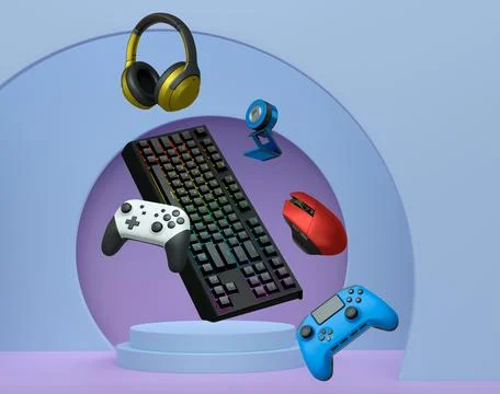 Gaming keyboard, mouse, controllers, web camera and headphones floating abo.. Stock Illustration
