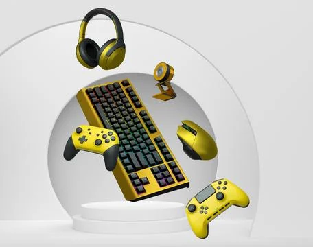 Gaming keyboard, mouse, controllers, web camera and headphones floating above Stock Illustration