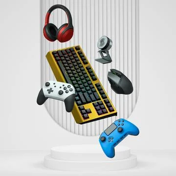 Gaming keyboard, mouse, controllers, web camera and headphones floating above Stock Illustration