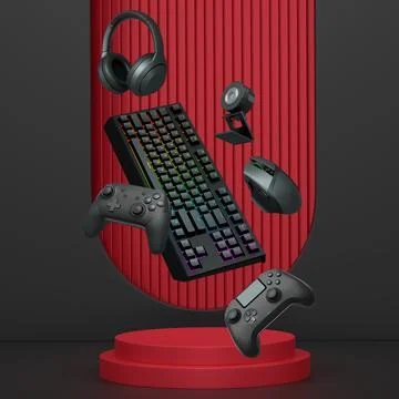 Gaming keyboard, mouse, controllers, web camera and headphones floating above Stock Illustration