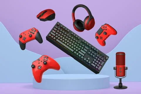 Gaming keyboard, mouse, mic and controllers floating above podium on abstract Stock Illustration
