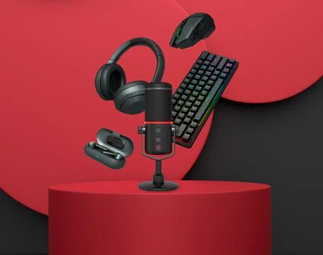 Gaming keyboard, mouse, mic and headphones floating above podium on abstract Stock Illustration