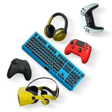 Gaming keyboard with RGB lighting, controllers, VR headset, and headphones Stock Illustration
