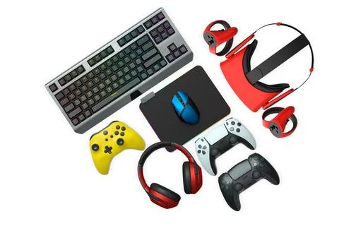 Gaming keyboard with RGB lighting, controllers, VR headset, mouse and headpho Stock Illustration
