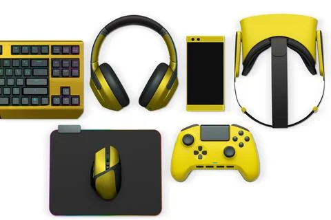 Gaming keyboard with RGB lighting, controllers, VR headset, mouse and headpho Stock Illustration