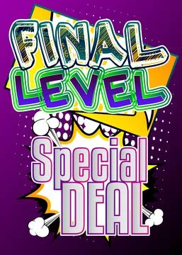 Gaming level, Game progress related special offer, sale words, quote on Comic Stockillustratie