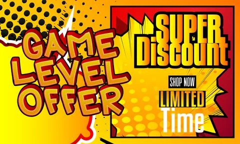 Gaming level, Game progress related special offer, sale words, quote on Comic Stock Illustration