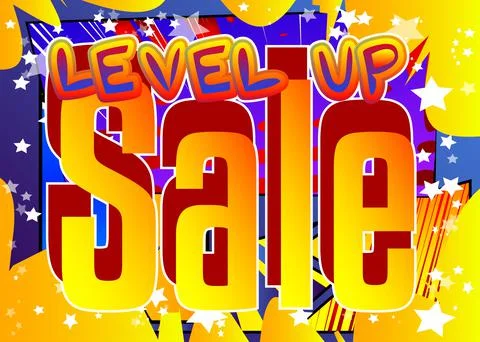 Gaming level, Game progress related special offer, sale words, quote on Comic Illustrazione stock