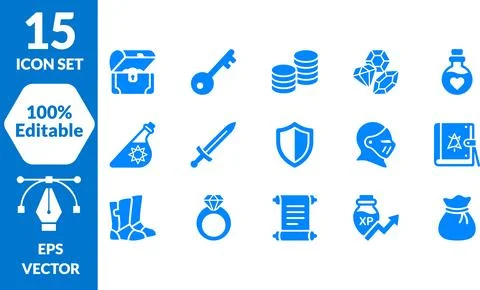 Gaming Loot Icon Bundle Featuring Fantasy Items Weapons and Adventure Supplie Stock Illustration