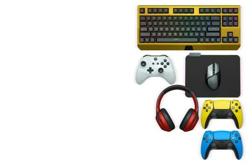 Gaming mouse, controller, RGB keyboard and headphones displayed in flat lay Stock Illustration