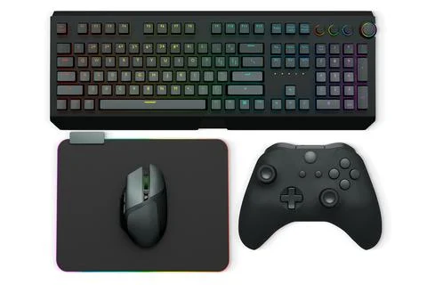 Gaming mouse, controller, RGB keyboard and headphones displayed in flat lay Stock Illustration