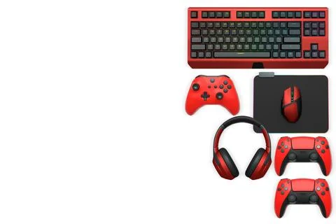 Gaming mouse, controller, RGB keyboard and headphones displayed in flat lay Stock Illustration