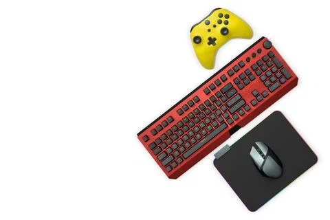 Gaming mouse, controller, RGB keyboard and headphones displayed in flat lay Stock Illustration