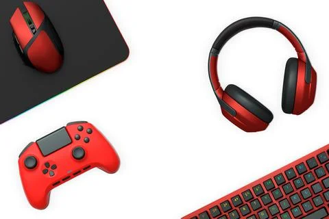 Gaming mouse, controller, RGB keyboard and headphones displayed in flat lay Stock Illustration