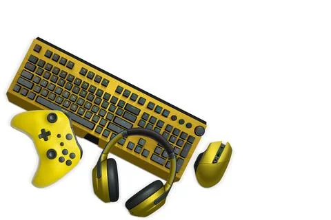 Gaming mouse, controller, RGB keyboard and headphones displayed in flat lay Stock Illustration