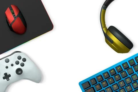 Gaming mouse, controller, RGB keyboard and headphones displayed in flat lay Stock Illustration