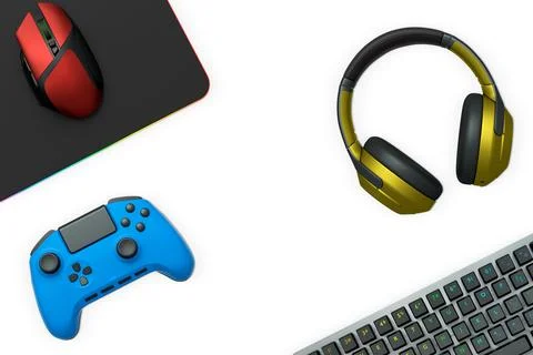 Gaming mouse, controller, RGB keyboard and headphones displayed in flat lay Stock Illustration