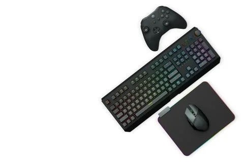 Gaming mouse, controller, RGB keyboard and headphones displayed in flat lay Stock Illustration