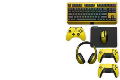 Gaming mouse, controller, RGB keyboard and headphones displayed in flat lay.. Stock Illustration