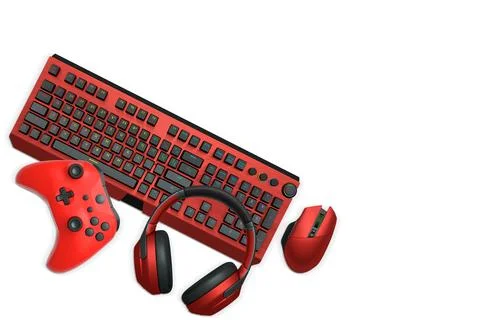 Gaming mouse, controller, RGB keyboard and headphones displayed in flat lay s Stock Illustration
