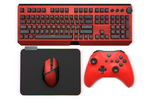 Gaming mouse, controller, RGB keyboard and headphones displayed in flat lay s Stock Illustration