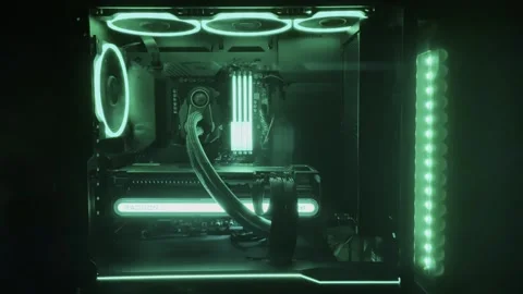 Gaming Pc Glowing Green In The Dark - The System Unit Of A Modern Computer Stock Footage 242395022