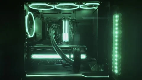Gaming Pc Glowing Green In The Dark - The System Unit Of A Modern Computer Stock Footage 242395042