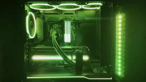 Gaming Pc Glowing Green In The Dark - The System Unit Of A Modern Computer Stock Footage 242395090