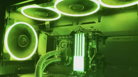 Gaming Pc Glowing Green In The Dark - The System Unit Of A Modern Computer Stock Footage 242395830