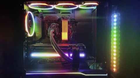 Gaming Pc Glowing Rainbow In The Dark - The System Unit Of A Modern Computer Stock Footage 242395202