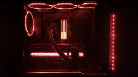Gaming Pc Glowing Red In The Dark - The System Unit Of A Modern Computer Stock Footage 242395273