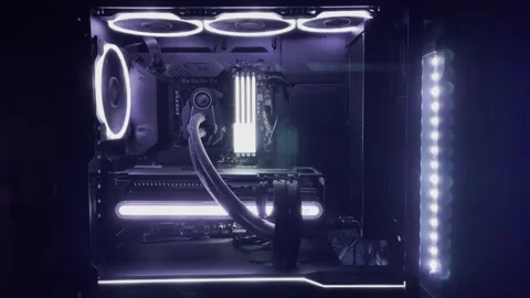 Gaming Pc Glowing White In The Dark - The System Unit Of A Modern Computer Stock Footage 242396155