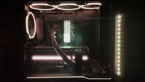Gaming Pc Glowing Yellow In The Dark - The System Unit Of A Modern Computer Stock Footage 242395166