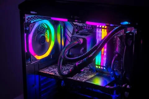 Gaming PC with RGB LED lights on a computer, assembled with hardware components Stock Photos