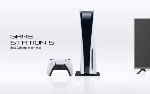 Gaming poster concept. Vector playstation console with gamepad, TV, reflections Stock Illustration