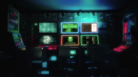 Gaming Room Hacked Computer Monitors Pirates Zoom In Stock Footage 211667619