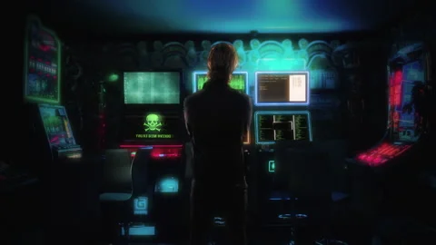 Gaming Room Hacker Looking Monitors Data Stream Zoom In Stock Footage 211662994