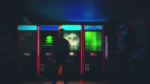 Gaming Room Hacker Monitors Interior Arcade Data Stream Flow Stock Footage 229410087