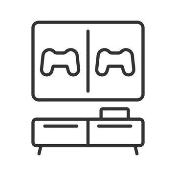 Gaming Setup with Controllers and TV, icon in line design. Gaming, video games Stock Illustration