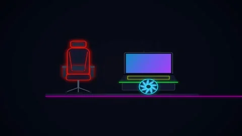 Gaming setup with neon glowing office chair, laptop, and cooling fan agains.. Stock Footage 344709801