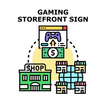 Gaming storefront sign developing global online commerce Stock Illustration