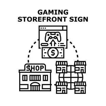 Gaming storefront sign developing global online commerce Stock Illustration