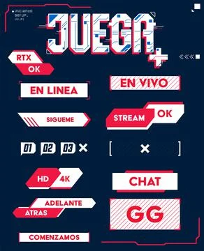Gaming Stream Interface elements in Spanish, vector editable design. Stock Illustration
