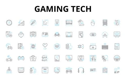 Gaming tech linear icons set. Controller, Console, Graphics, Virtual Stock Illustration