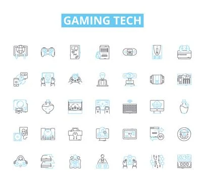 Gaming tech linear icons set. Controller, Console, Graphics, Virtual Stock Illustration