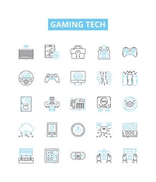Gaming tech vector line icons set. Gaming, Tech, Console, Controller, VR, Racing Illustrazione stock