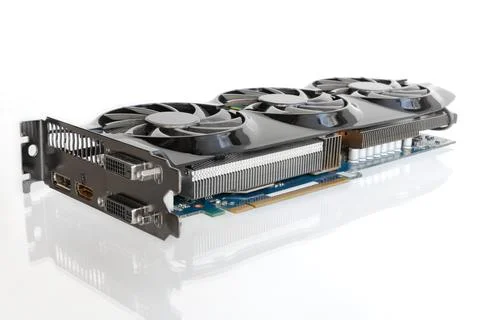 Gaming video card, PC graphics controller with three cooling fans. Foto stock