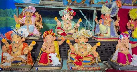 Ganesh chaturthi idols displayed for devotees during festive shopping season Stock Photos