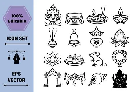 Ganesh Chaturthi vector icon set collection with traditional Hindu religiou.. Stock Illustration